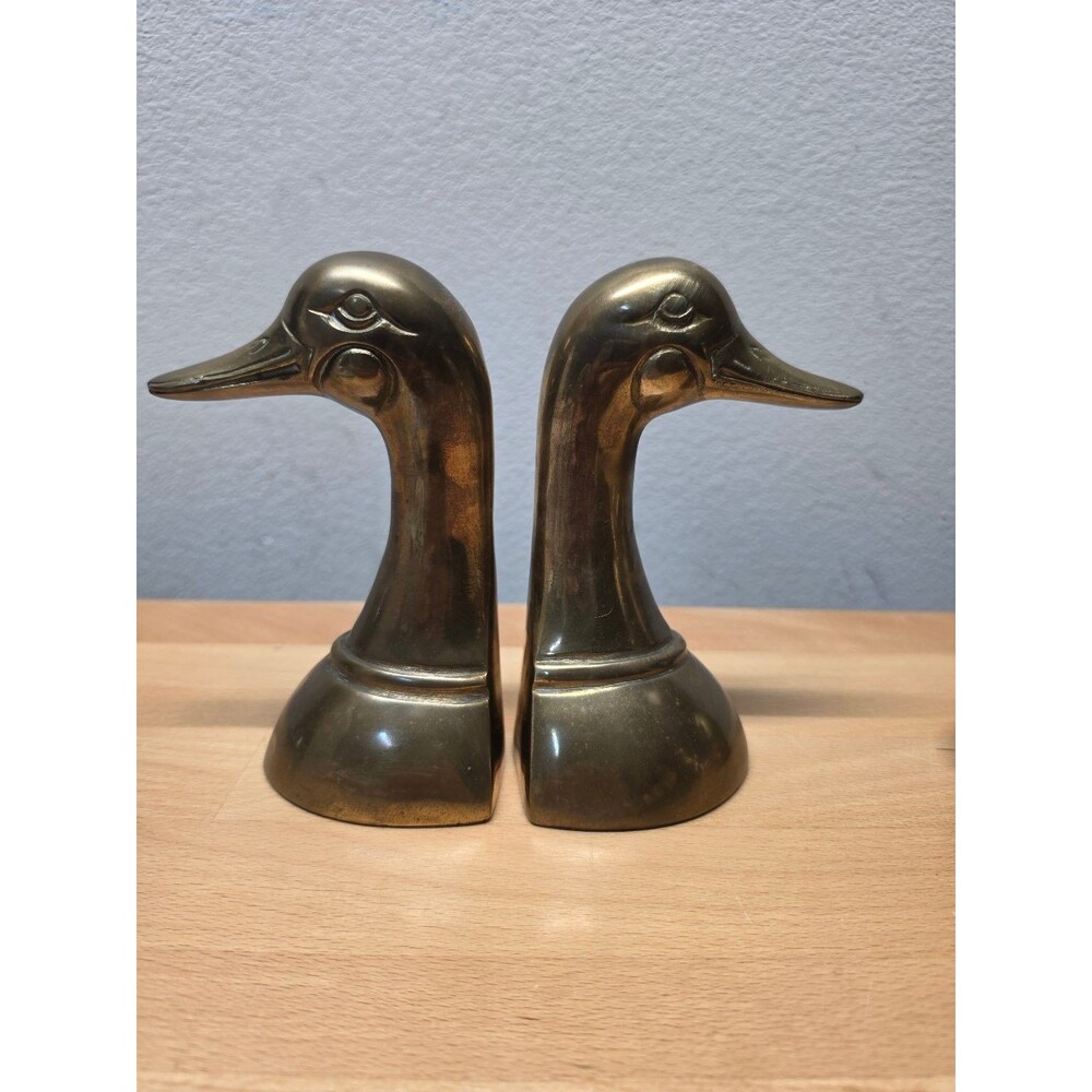 Vintage Solid Brass Duck Head Bookends Pair Heavy Waterfowl Decorative Shelf Art